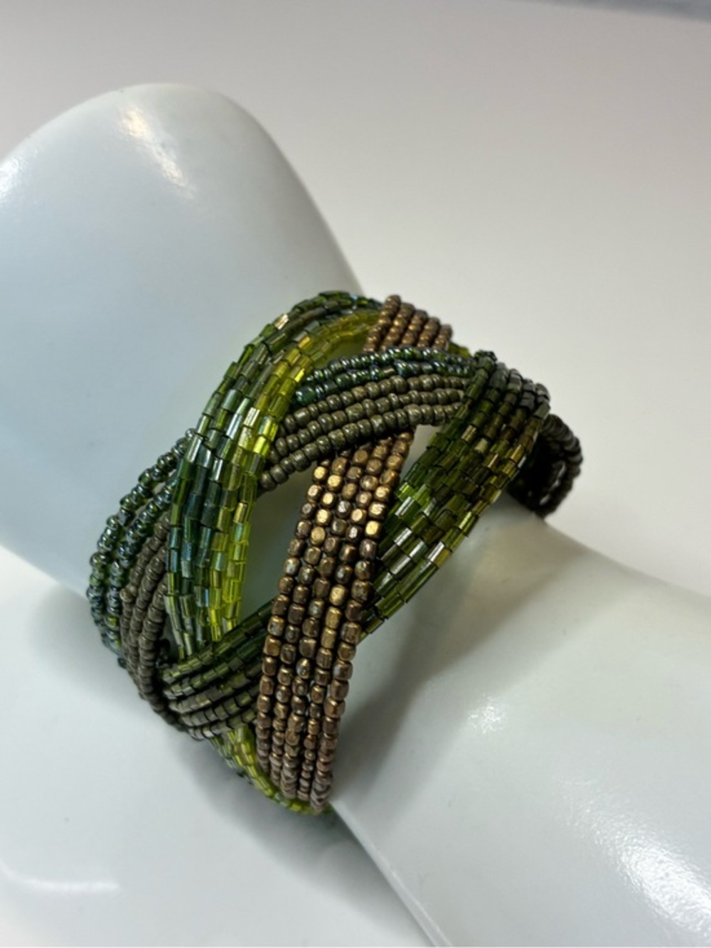 Source Unknown Olive Green and Bronze Multi-Strand Seed Bead Bracelet